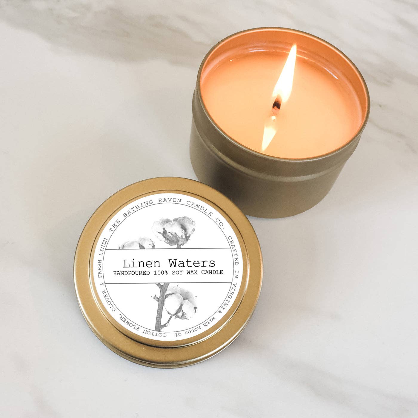 Linen Waters | Petite Gold Collection Soy Candle for wholesale by The Bathing Raven Candle Co.
