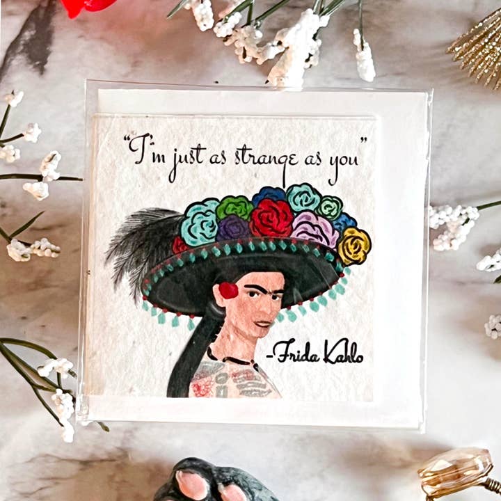 Neverending Stickers, mini biglietto di auguri con semi di fiori selvatici, Frida Khalo «I'm Just as Strange as You» per la vendita all'ingrosso da parte di Neverending Stickers