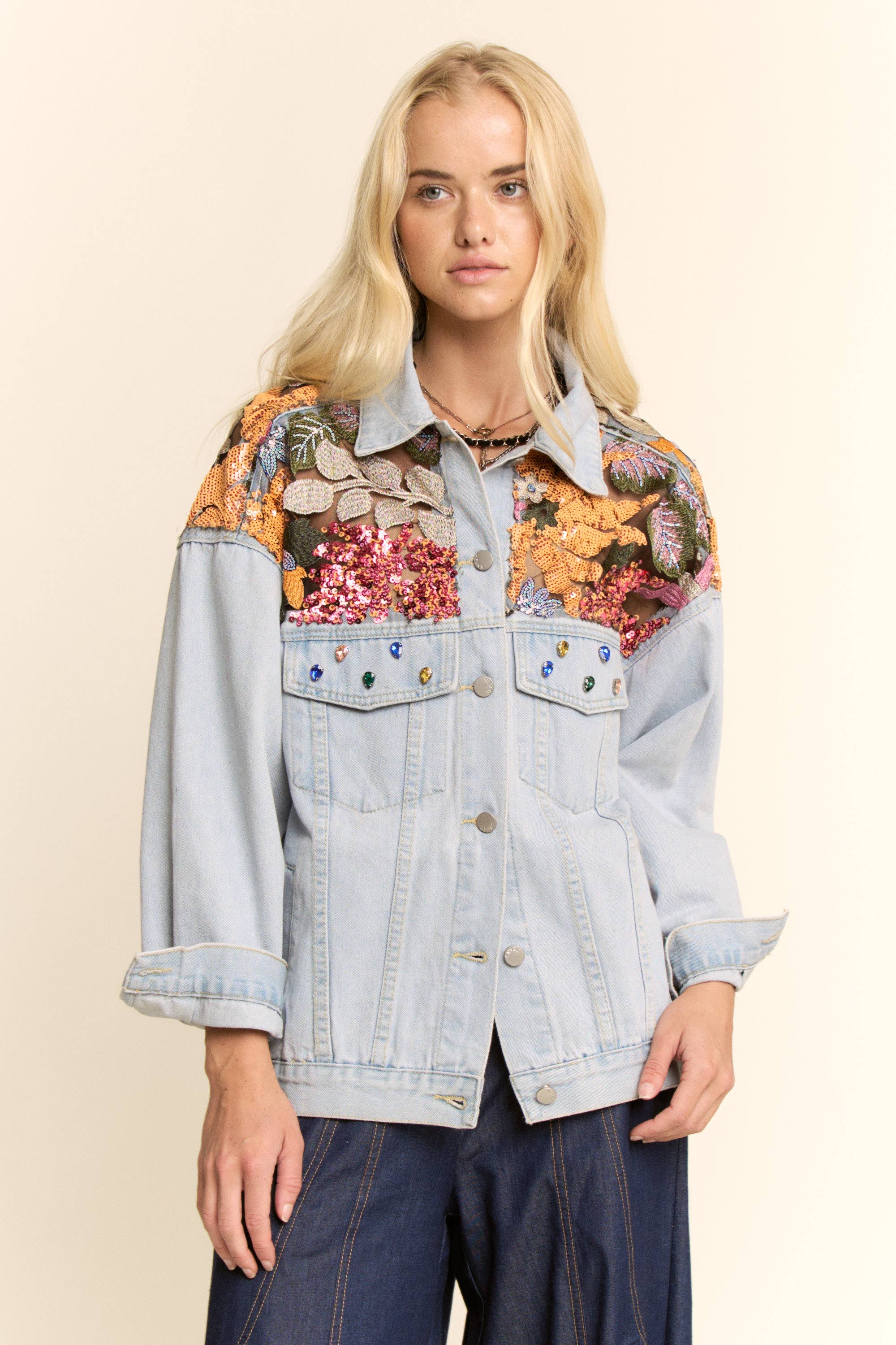 LIGHT WASH DENIM JACKET WITH VIBRANT EMBROIDERED for wholesale on Faire1