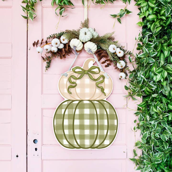 Songbird Grove Collection - Wholesale Door Hanger - Sage Stacked Pumpkin Duo Door Hanger1