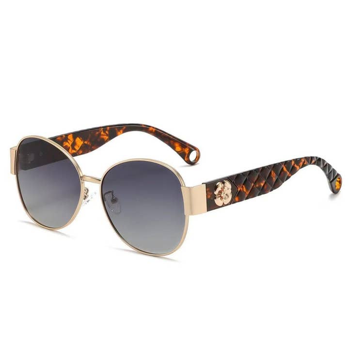 Retro Round Sunglasses Quilted Arms and Flower for wholesale by PEACH ACCESSORIES