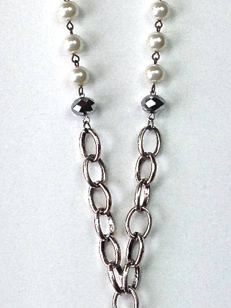 TPS037 NK-Rosaried Pearl & Chain Y w/Fancy Edged Pendant for wholesale by Lost & Found Trading