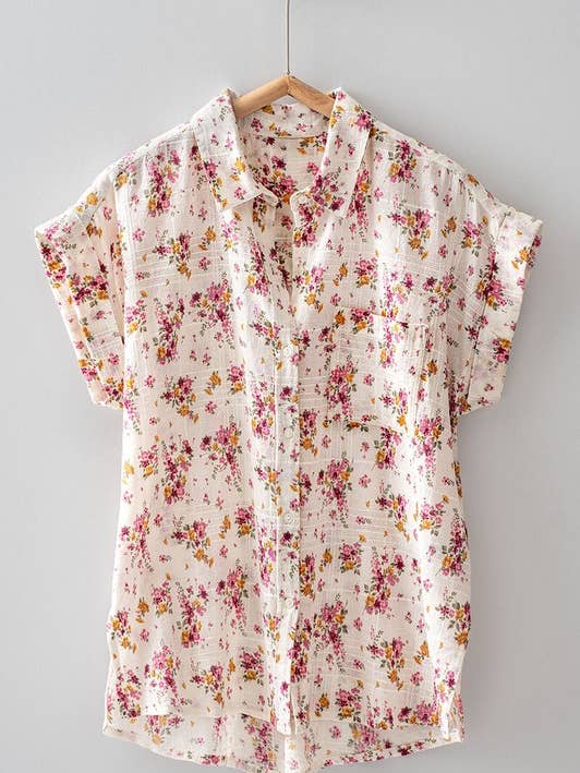 IVORY PINK YELLOW Scattered Rose Print Cotton Shirt with Cuffed Sleeves for wholesale on Faire