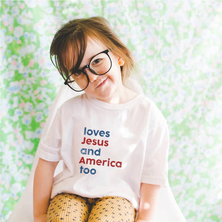 P E T I T R U E - Wholesale Screen Printed T-Shirt - Kids - Fourth of July Kids Tee - Loves Jesus and America Too