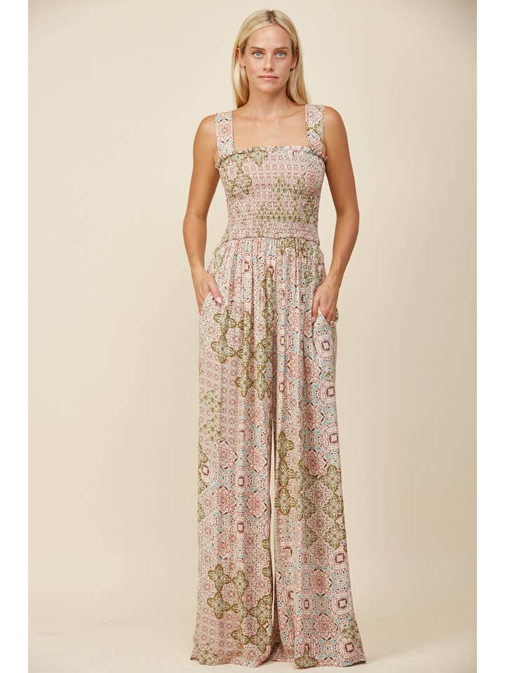 SAGE BOHO PAISLEY PRINT KNIT SMOCKED JUMPSUIT W4451RE for wholesale on Faire