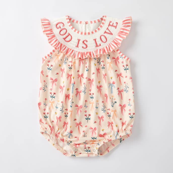 Baby Girls "GOD IS LOVE" Embroidered Smocking Romper for wholesale by Auraquise
