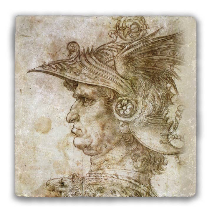 Profile of a Warrior in Helmet Sketch by Da Vinci Tumbled Stone Coaster for wholesale by Nelson Gifts Wholesale