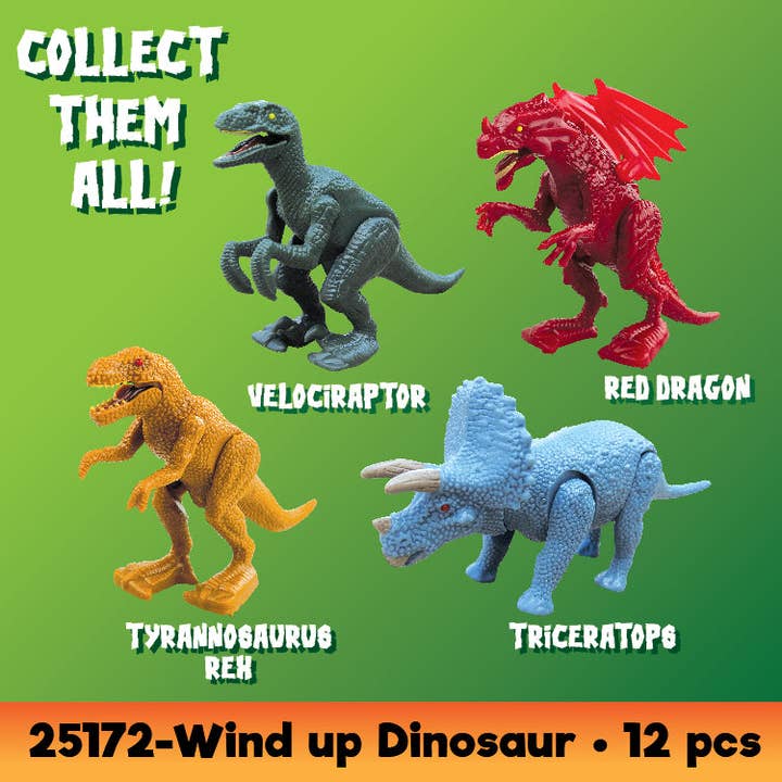 Novelty Brands - Wholesale Wind-Up Toy - Kids - So Much Fun! Wind-Up Dinosaur Toys - 12 Piece Display