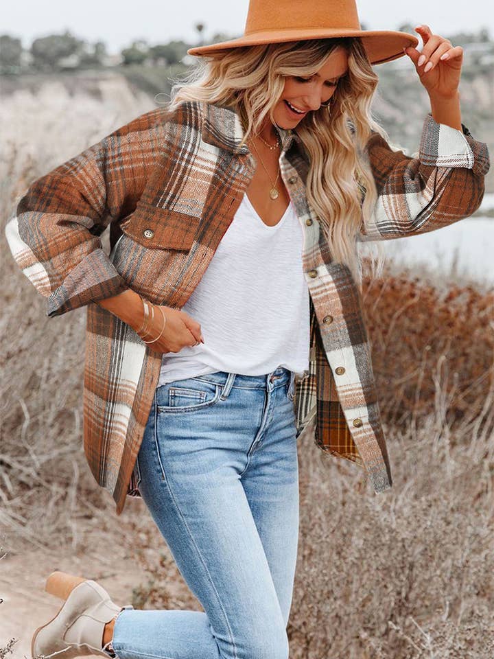 Suhkasana – Großhandel Hemdjacke/Shacket – Damen – Mittelgraue karierte Shacket mit Klappentaschen8