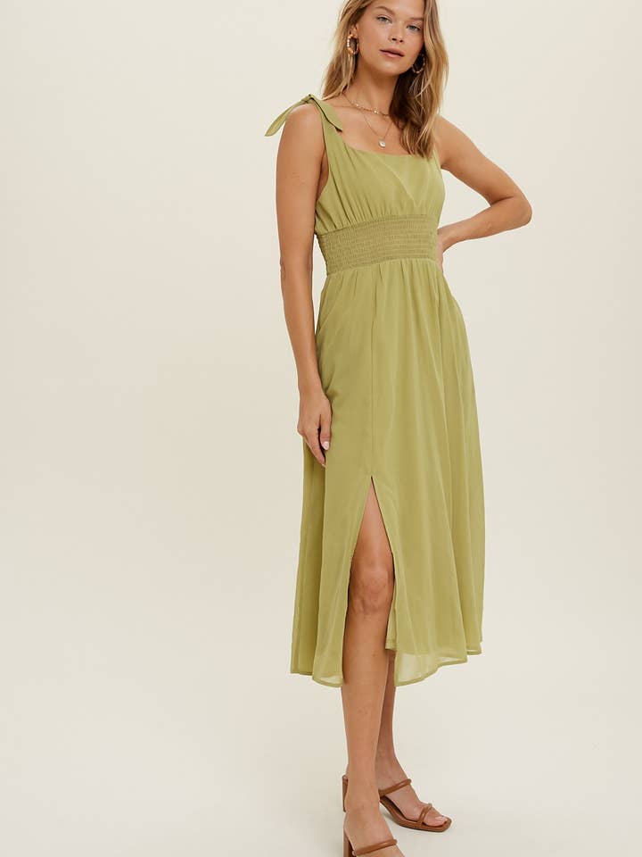 SELF-TIE SHOULDER MIDI DRESS WITH SLIT DETAIL / WL22-7325 for wholesale by Wishlist Apparel