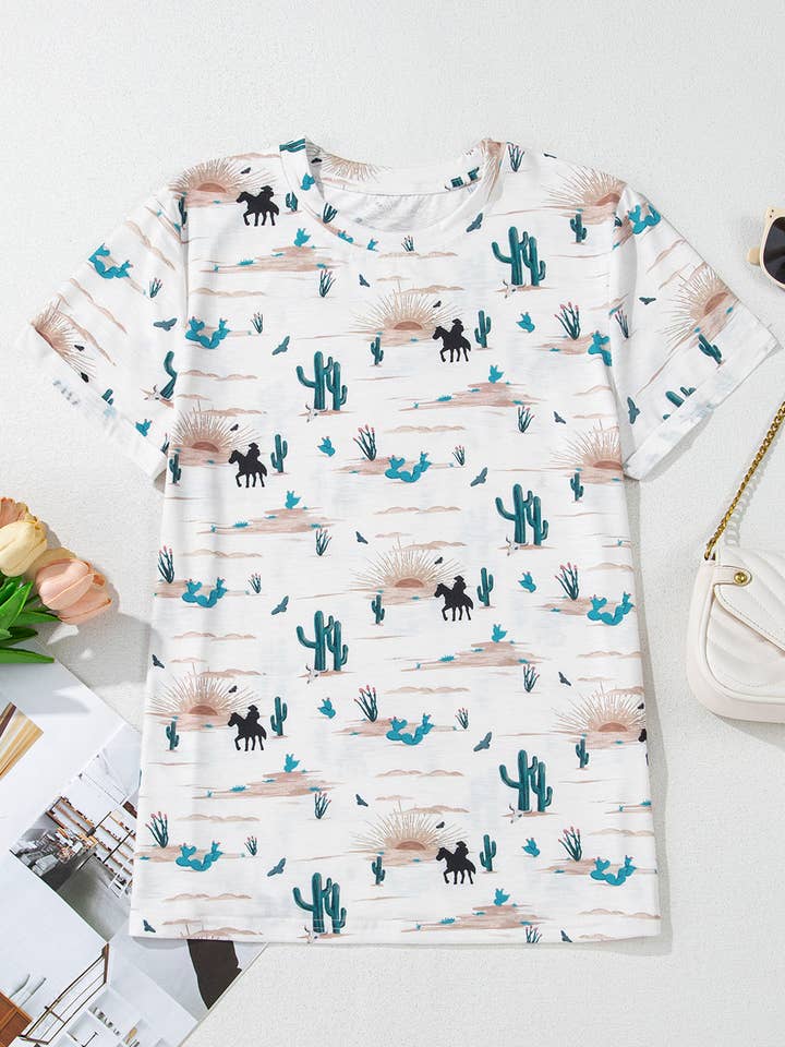 Beige Western Cactus Print Crew Neck Short Sleeve Top for wholesale on Faire