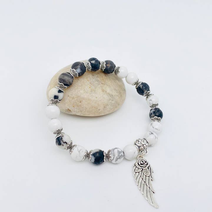 Mio Queena - Wholesale Beaded Bracelet - 8mm Natural Stone Elastic Bracelets Wing Pendant