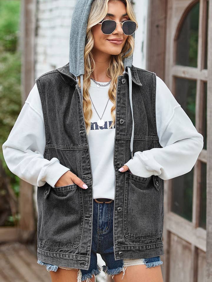 Ladies Lapel Pockets Denim Daily Jacket Vest MN2111 for wholesale by Sweetkama