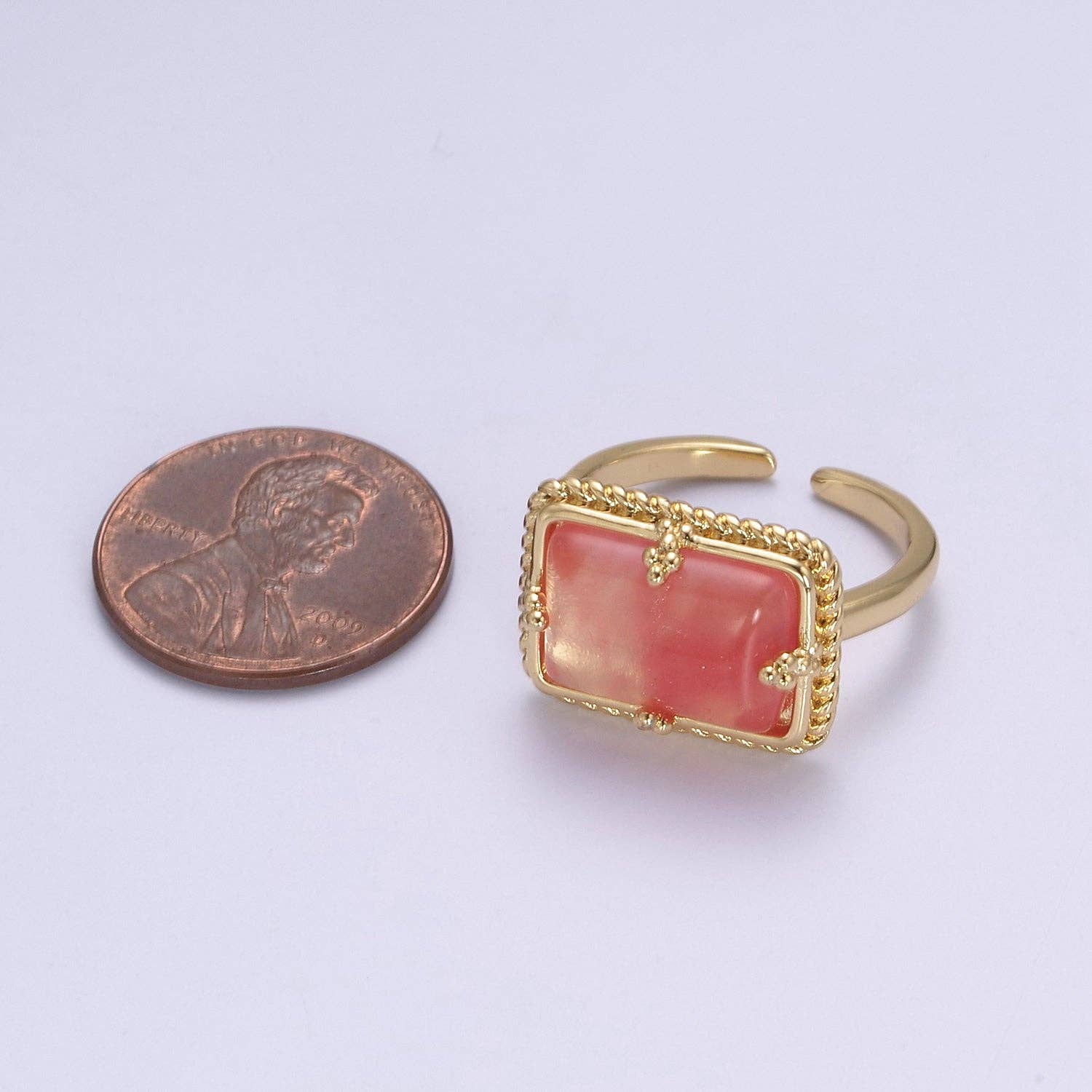 Aim Eternal - Wholesale Cocktail/Statement Ring - 24K Gold Filled Gold Watermelon Pink Rectangular Gemstone Ring, Chunky Statement Ring | U4533