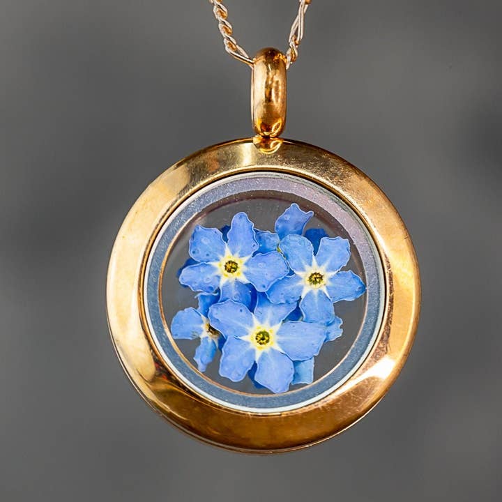 MadamLili – Engroshandel Halskæde med vedhæng – Rose forgyldt Glem-mig-Ikke medaljon - 925 Sterling forgyldt kæde med rigtige blomster - K925-1266