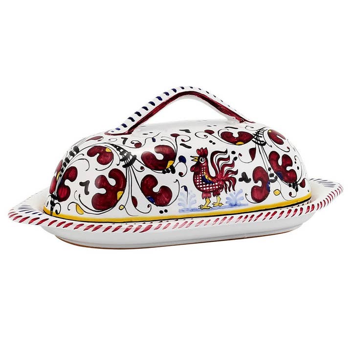 Artistica - Deruta of Italy - Wholesale Butter Dish - ORVIETO RED ROOSTER: Butter Dish with Cover