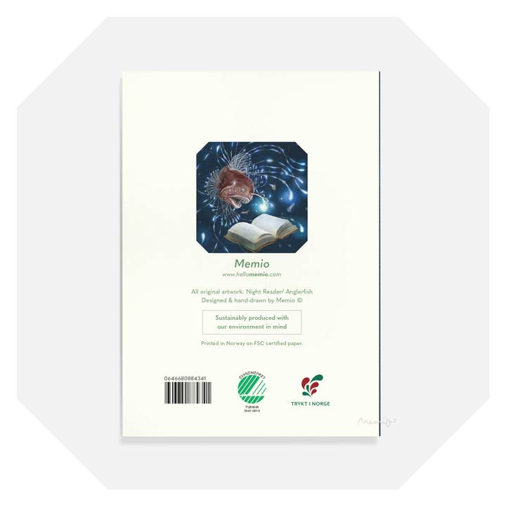 Memio Illustrated Designs - Wholesale Everyday Greeting Card - A6 Night Reader Angler Fish Card + silver envelope1