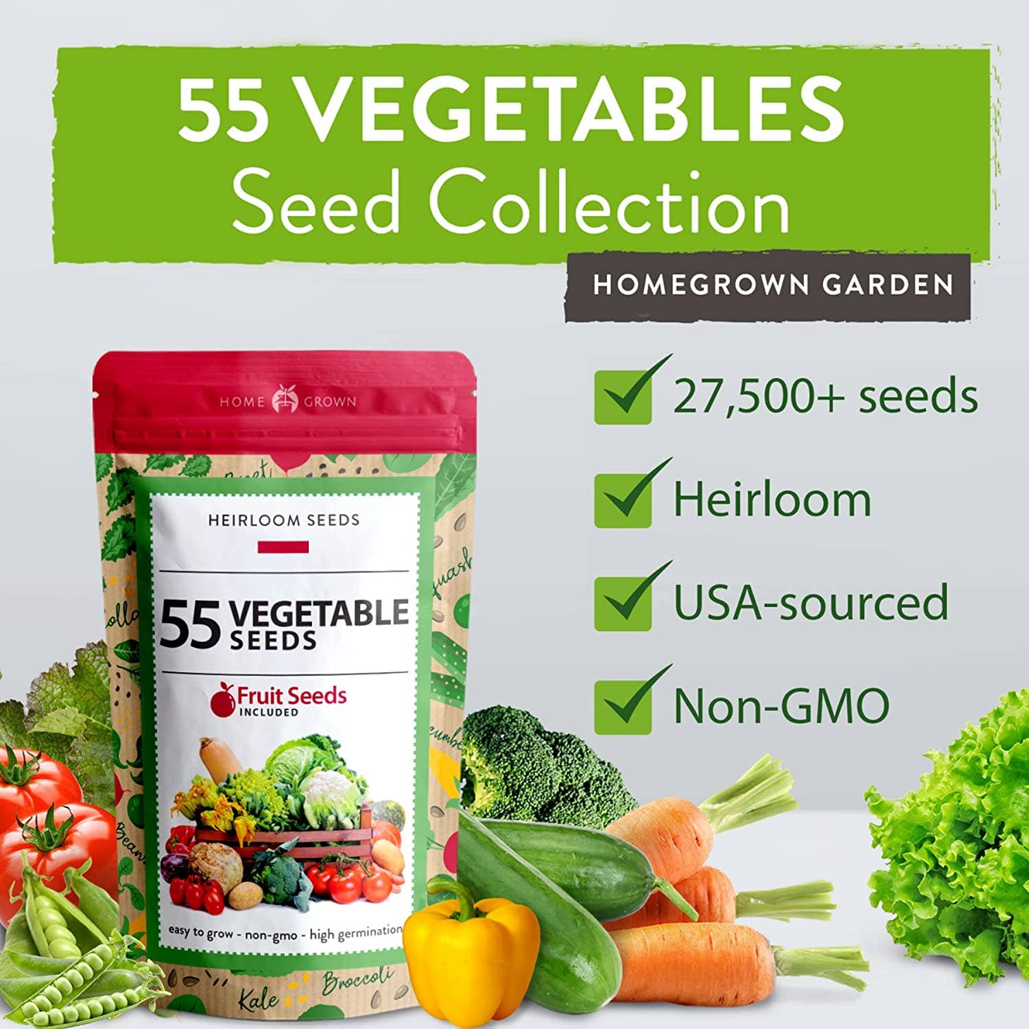 Homegrown Garden - Wholesale Plant Seeds - 55 Heirloom Vegetable Seeds - 27,500+ Non GMO Seeds1
