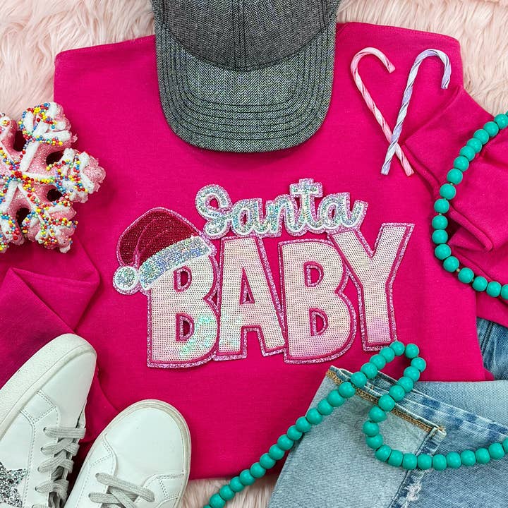 Santa Baby With Hat Sequin Patch Heliconia Crewneck Sweatshirt for wholesale by Trendy Tee Co.