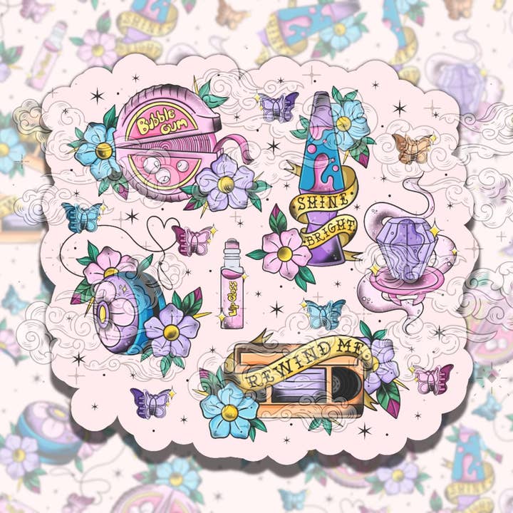 Autocollant en vinyle coloré mignon de tatouage flash nostalgique pour la vente par Sticky Sadness Designs