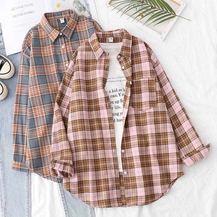 Rosa Clothing - Wholesale Button Down Shirt - Women's - Essential Basic Relaxed plaid cotton blend button-down shirt13