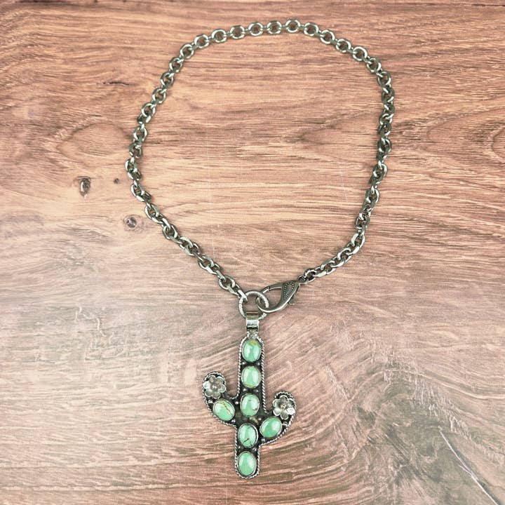Genuine Turquoise Cactus Pendant Chain Necklace for wholesale by ZINC Designs