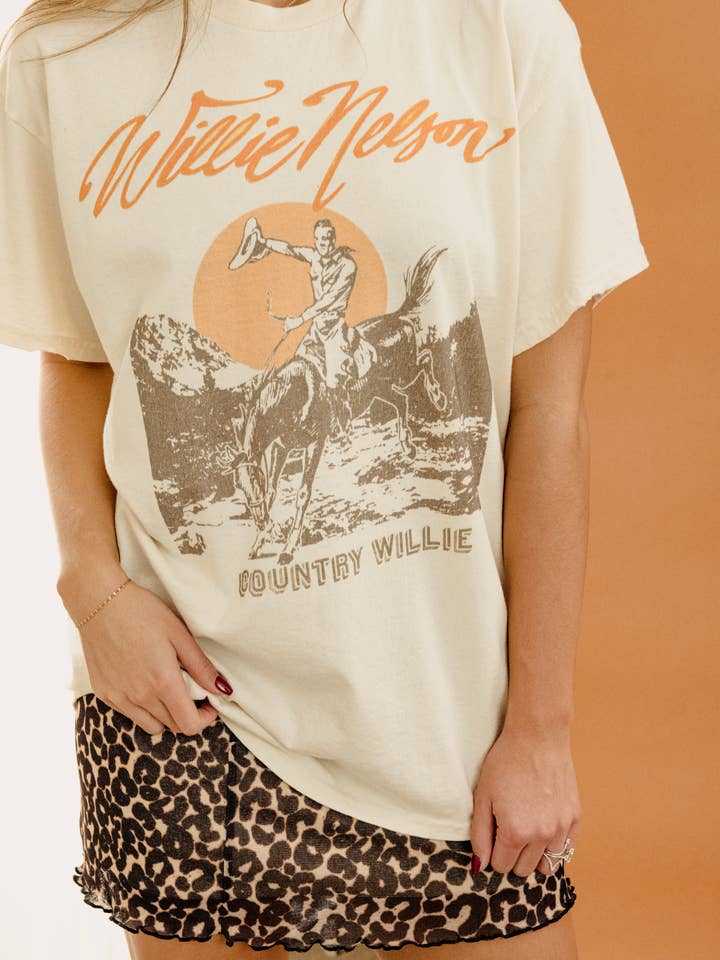 LivyLu - Wholesale Screen Printed T-Shirt - Unisex - Willie Nelson Country Willie Off White Thrifted Graphic Tee 2