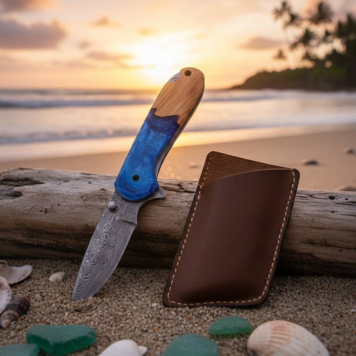 Coltello pieghevole a tema Riva del Mare di Damasco da 7,0', Coltello tascabile per la vendita all'ingrosso da parte di FH KNIVES