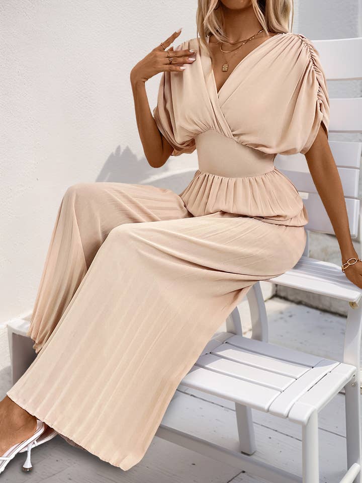 Apricot V-Neck Fitted waist Pleated Wide-Leg Jumpsuit for wholesale on Faire4