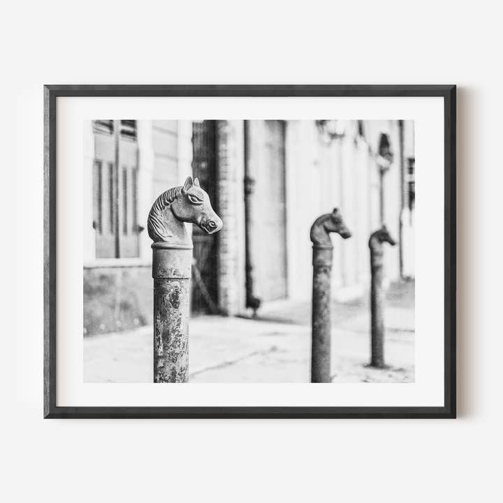 Lisa Russo Fine Art - Wholesale Art Print - New Orleans Black and White Horse Head Hitching Posts Print0