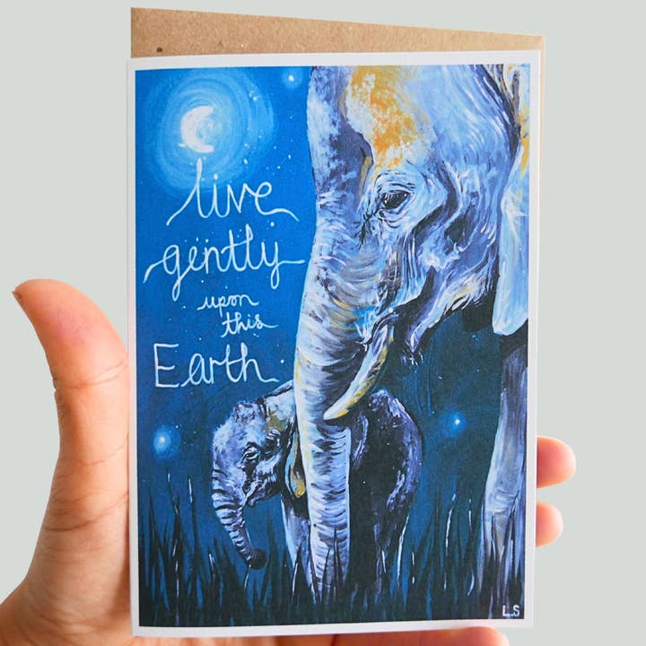 Greetings Card 'Moonlight Elephants' Live Gently Collection for wholesale by ReKINDle By Lisa