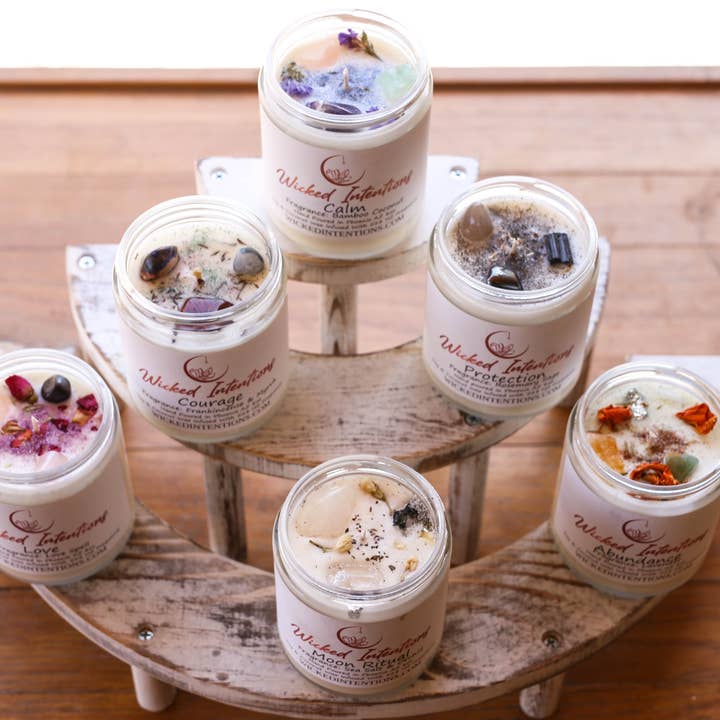 Intention Crystal Candles Full Set 8oz for wholesale by Wicked Intentions Gifts LLC