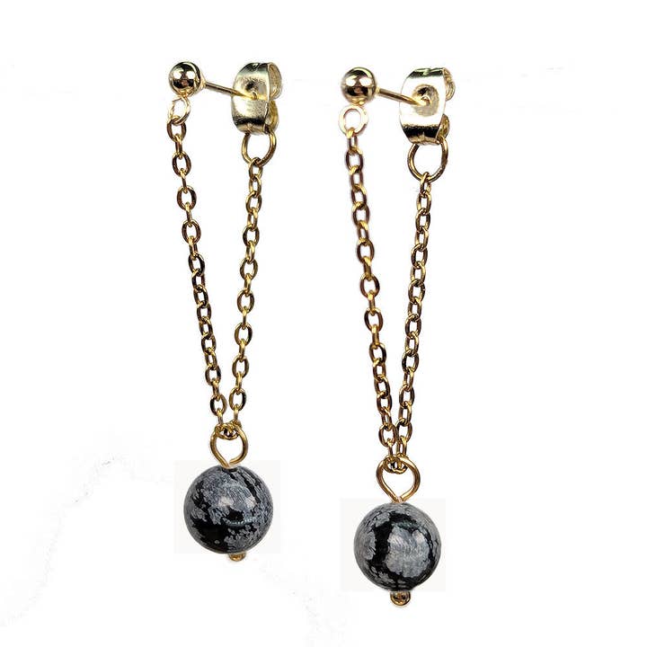 18K Real Gold Plated Stainless Steel Snowflake Obsidian Gemstone Tassel Earrings for wholesale by Stylish Jewelry Supply