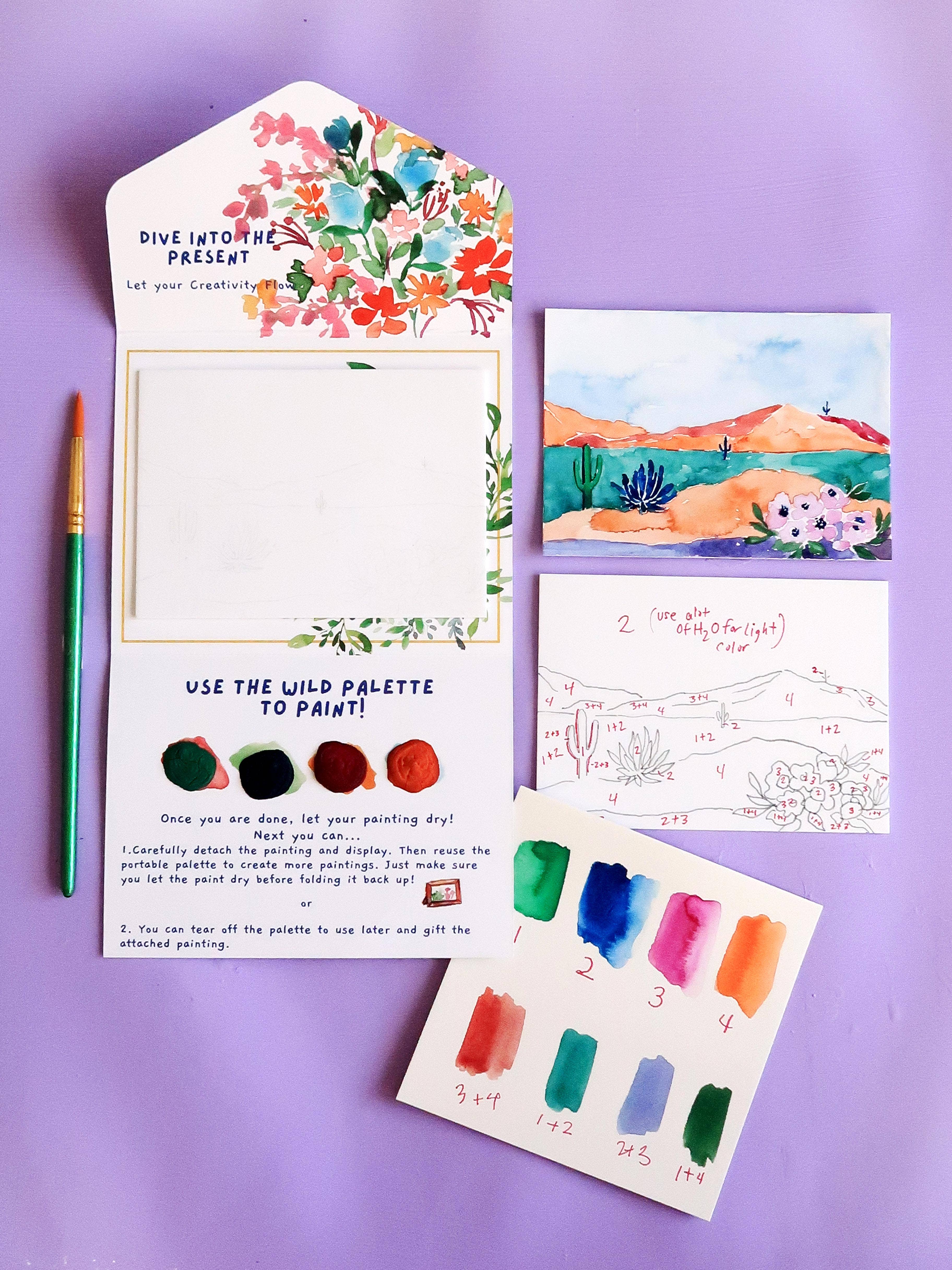 Pink Puddle Studio – wholesale DIY craft kit – Cactus Desert Landscape Watercolor Paint by Number DIY Kit1