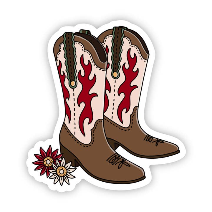 Brown and Red Flammed Coyboy Boots Sticker for wholesale by Big Moods