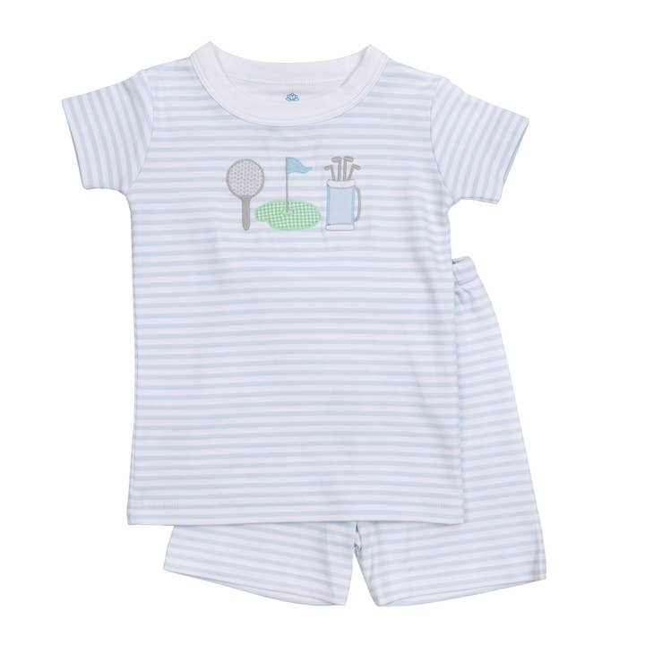 Putting Green Applique Short Pajamas - Light Blue for wholesale by Magnolia Baby