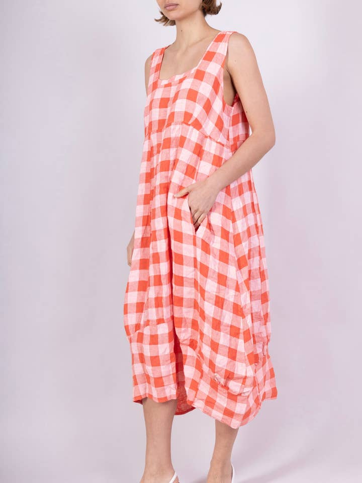 LINEN & COTTON HOUSE - Wholesale Dress β Women's - LINEN DRESS WITH POCKETS, GINGHAM CHECK PATTERN 32217