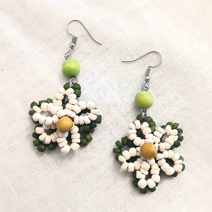 Flower Beaded Earrings with Wooden Beads E0-1079FEA for wholesale by Cinnamon Creations