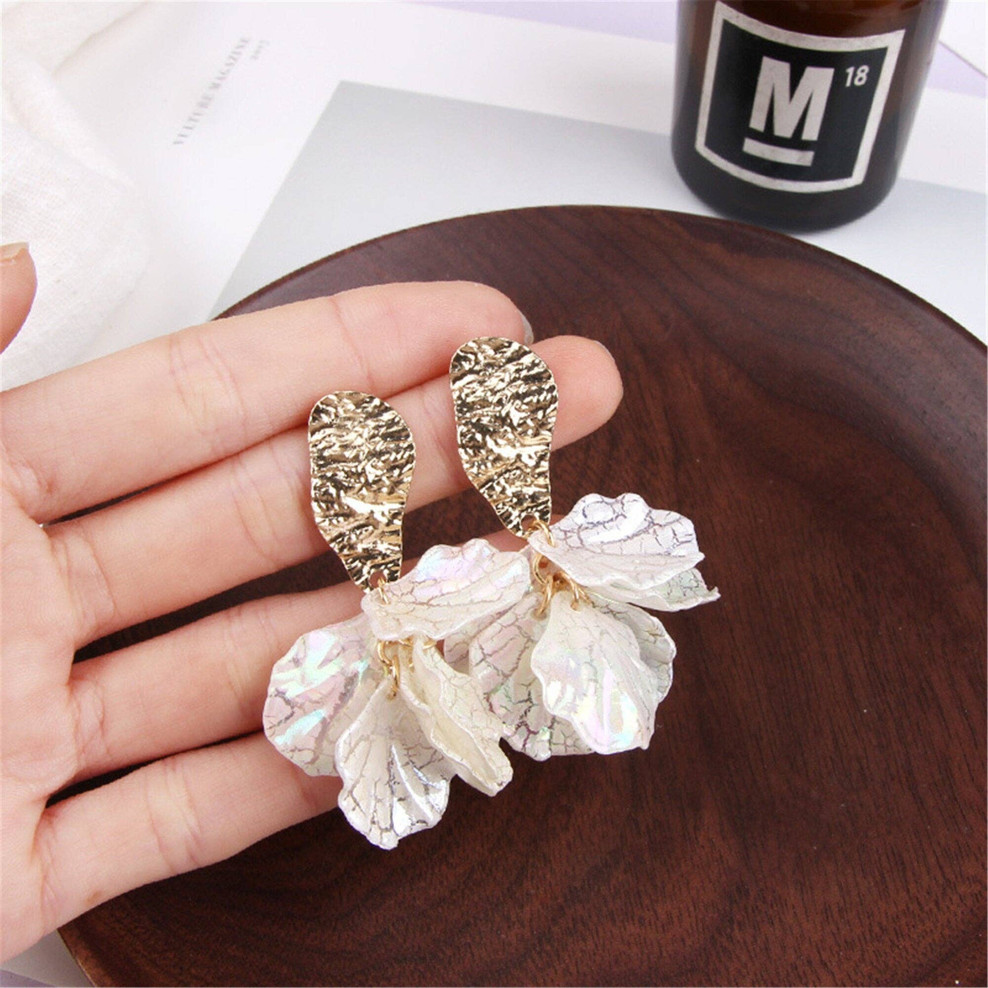Perimade & Co. LLC – wholesale Dangle earrings – White Cracked Shell Flower Petal Earrings in Stainless Steel