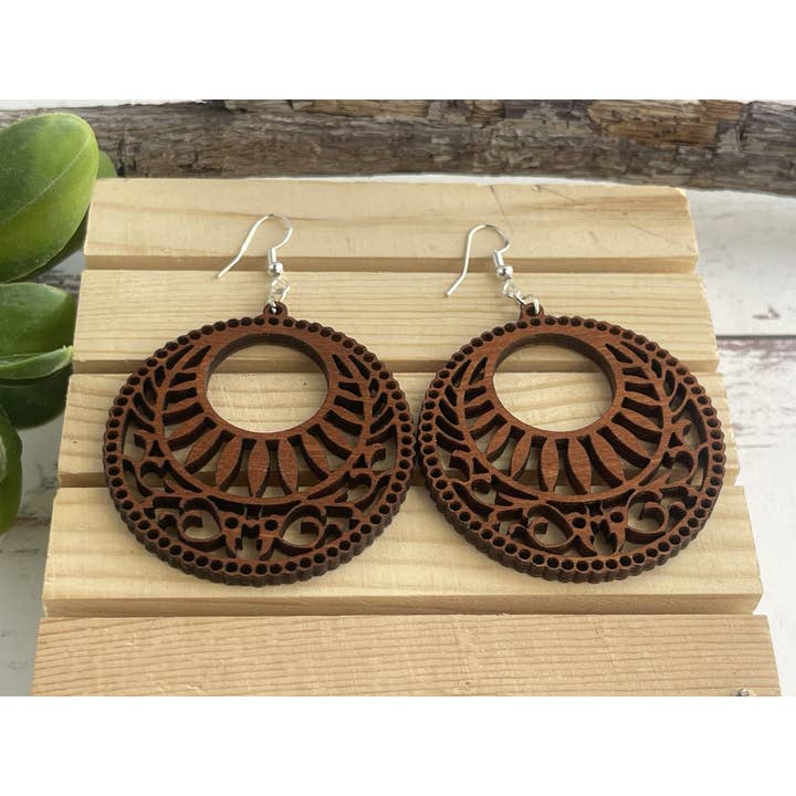 Truly Olive - Wholesale Dangle Earrings - Lightweight Circle Wood Mandala Earrings