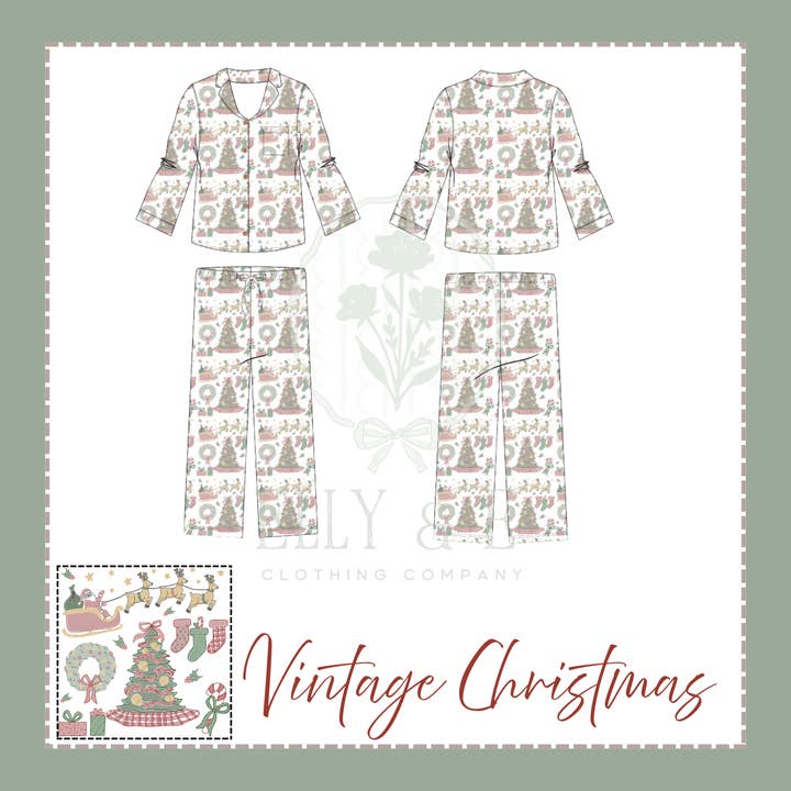 Vintage Christmas Adult Set Bamboo Pajamas for wholesale by Elly & E Clothing Co.