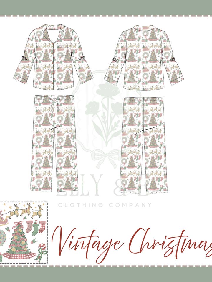 Vintage Christmas Adult Set Bamboo Pajamas for wholesale by Elly & E Clothing Co.