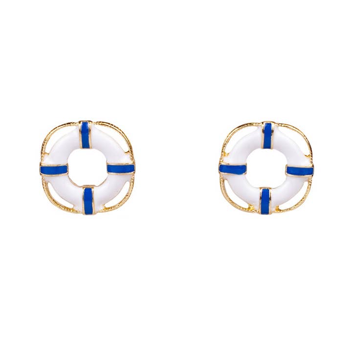 Life Buoy Stud Earrings Blue/White/Gold .75" for wholesale by The Royal Standard