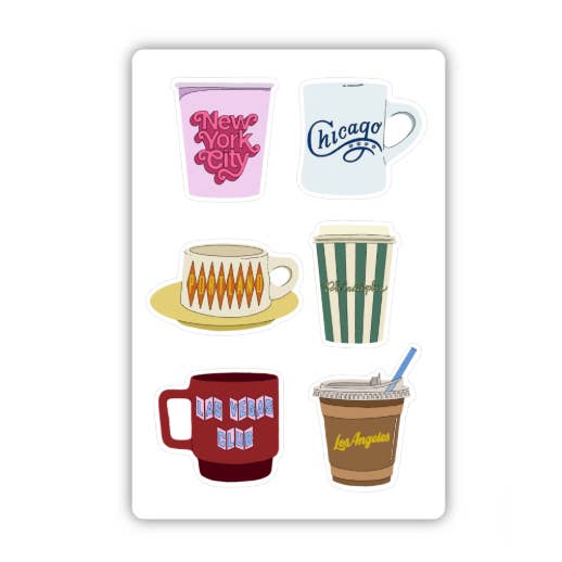 City Coffee Cup Sticker Sheet – 6 Mini-Vinylaufkleber Kalifornien Aufkleberbogen – Ikonische LA-Wahrzeichen & Westküsten-Journal-Aufkleber für den Großhandel von inviting affairs paperie