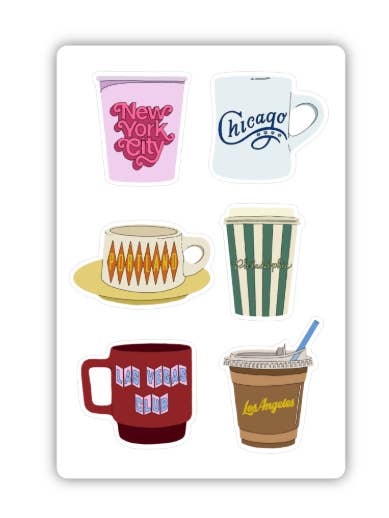 Stad Koffiebeker Stickerblad – 6 Mini Vinyl Stickers Californië Stickerblad – Iconische LA Bezienswaardigheden & Westkust Journal Stickers voor wholesale door inviting affairs paperie