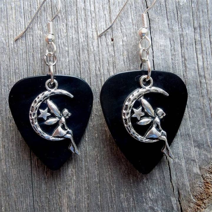 Simply Raevyn - Wholesale Dangle Earrings - Fairy on the Half Moon Charm Guitar Pick Earrings25