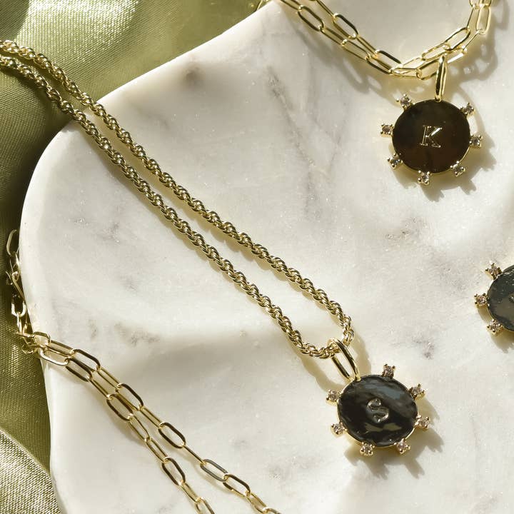 Harper Initial Charm in Gold with CZ Crystals for wholesale by The Sis Kiss