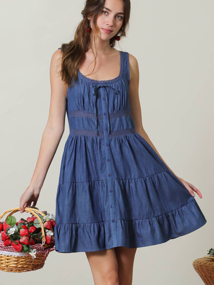 Lace insert denim tiered mini dress w/ faux button for wholesale by Fleur d'Or