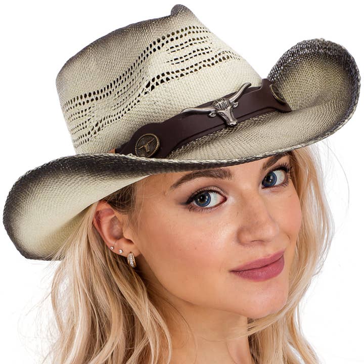Cap Zone - Wholesale Cowboy Hat - Women's - Longhorn Emblem Belt Ombre Burnt Straw Cowboy Hat