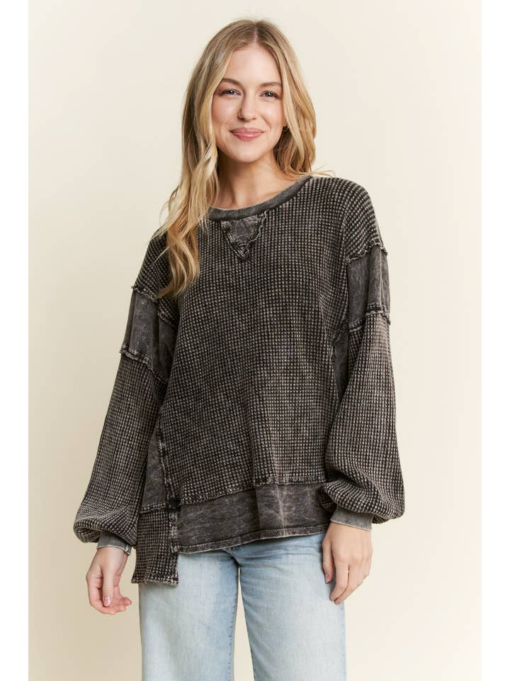 J.Her - Wholesale Sweatshirt - Women's - MineralWash Waffle and terry oversized fall shirt HT5989.